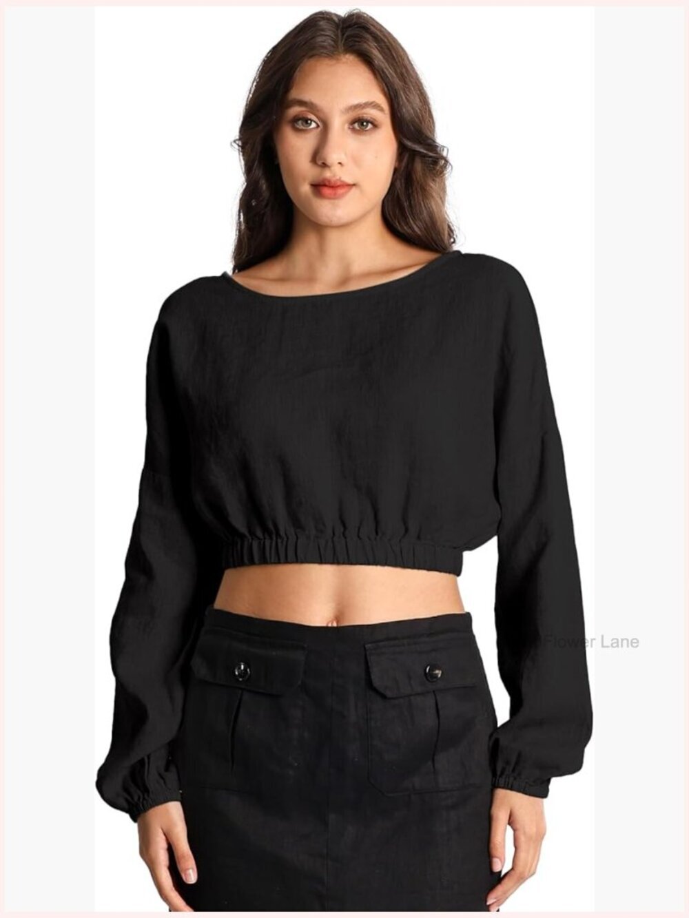 Pure Linen Boat Neck Blouse Long Sleeve Cropped Elastic Cuffs